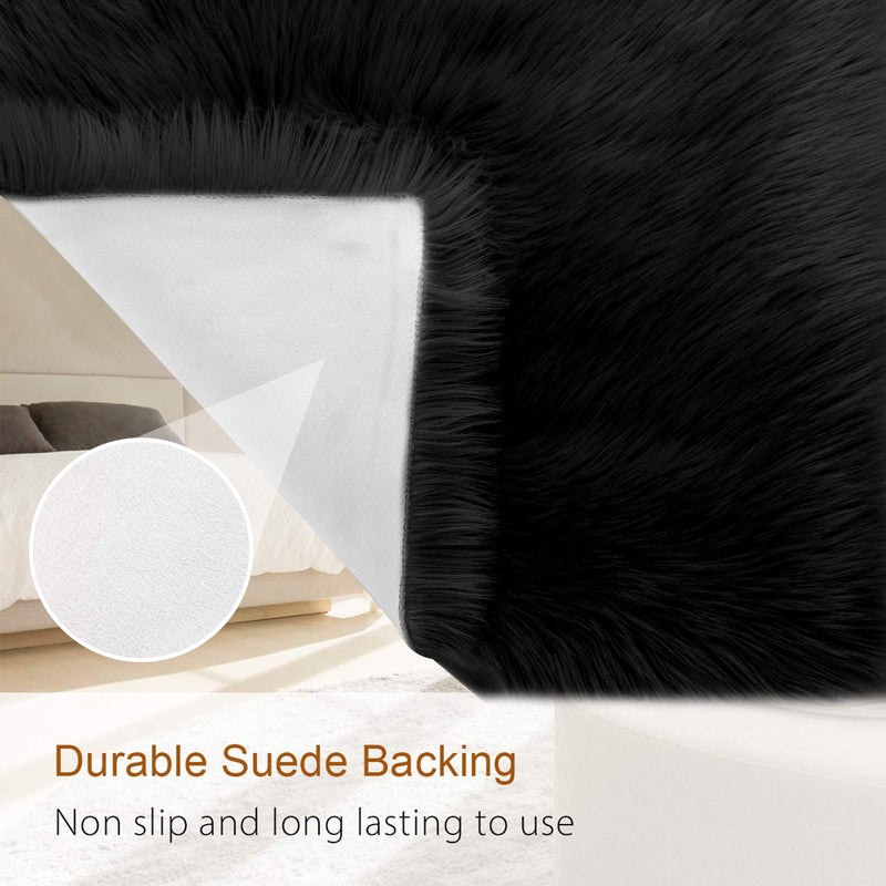 LOCHAS Soft Fluffy Faux Fur Rugs for Bedroom Bedside Rug 2x4 Feet, Washable, Furry Sheepskin Area Rug for Living Room Girls Room, Luxury Shag Carpet Home Decor, Black - Image 4